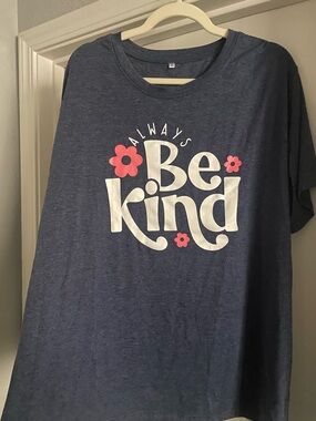 NWOT Amazon Navy "Be Kind" Short Sleeve Tee with Pink Flower Accents